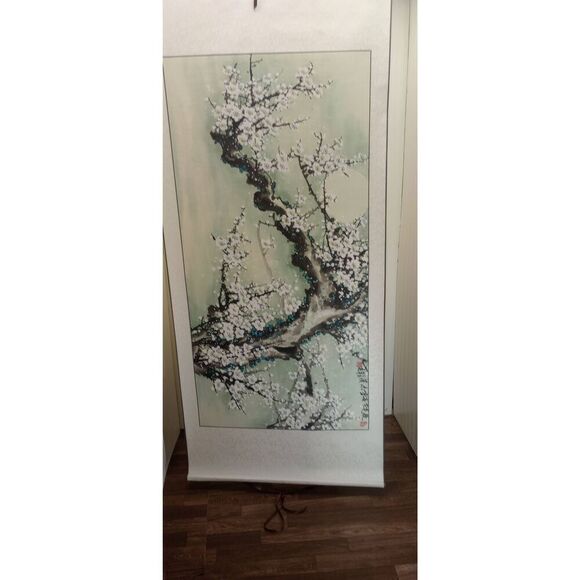 Vintage Chinese hand painted , scroll, art, decor trees, floral. Blossom. Large - Picture 7 of 11